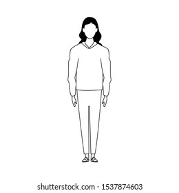 avatar woman standing icon over white background, black and white design, vector illustration