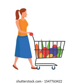 avatar woman with supermarket cart with groceries over white background, vector illustration