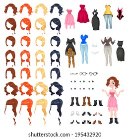 Avatar of a woman. Vector illustration, isolated objects. 7 hairstyles with 4 colors each one, 10 different dresses, 3 glasses, 6 eyes colors, 9 shoes.