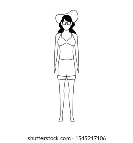 avatar woman wearing shorts and beach hat over white background, vector illustration