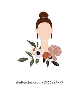 Avatar of women with flowers. An artful woman's avatar portrayed with a minimalistic and romantic cartoon design skillfully capture the essence of love and beauty. Vector illustration.