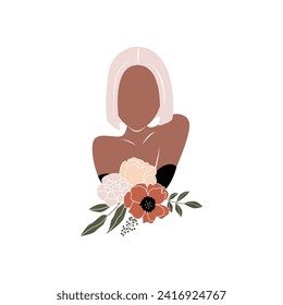 Avatar of women with flowers. This image masterfully captures the essence of love through the minimalistic yet romantic design of the woman's avatar. Vector illustration.