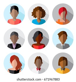 Avatar, women, and men heads in flat style. Vector illustration in the circle. Avatars of African people. Business style people.