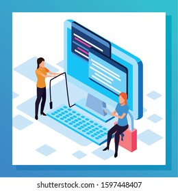avatar women with padlock and computer over white background, colorful design, vector illustration