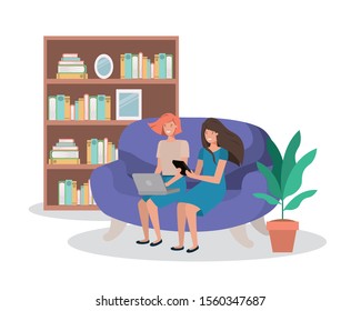 Avatar women sitting on the couch design, Girls females person people human and social media theme Vector illustration