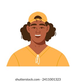 The avatar of a young African-American man. Portrait of a male character with a yellow cap. Bright vector illustration in a flat style