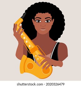 Avatar of a young African-American woman with a lush Afro on her head, holding a saxophone in her hand. Saxophonist. Musical concept. Flat vector illustration.