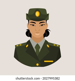 Avatar of a young Asian woman in a green military uniform. A woman in the army. Flat vector illustration.