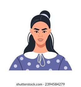 Avatar of a young brunette girl. Portrait of a female character. Bright vector illustration in a flat style