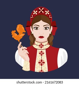 The avatar of a young girl in a Slavic costume and a kokoshnik holds a lollipop in the shape of a cockerel in her hand. Historical costumes. Flat illustration.
