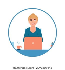 Avatar of a young girl who works at a laptop, full-time office worker or freelancer. Woman professional vector illustration