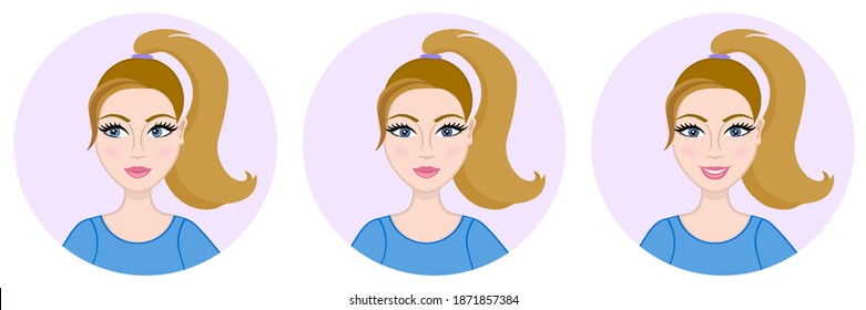 Avatar of a young girl. Woman looking sideways, smiling. Look away. Round icon. Cute face. Caucasian woman. Blue t-shirt. Ponytail hairstyle. Portrait of a teen