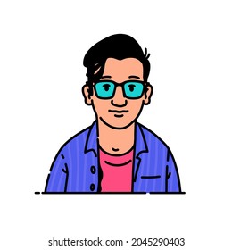 Avatar of a young man with glasses. Nerd or geek, brand character for the logo. Vector. Fashionable modern style. The image is isolated on a white background.