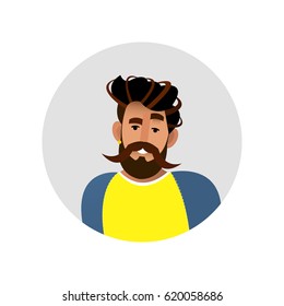 Avatar a young man with a mustache and a beard. Vector illustration of cartoon character on white isolated background.