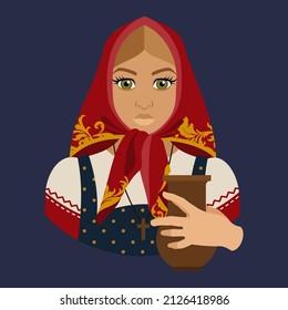 Avatar of a young peasant girl in a red scarf with a jug in her hand. Historical vector character.