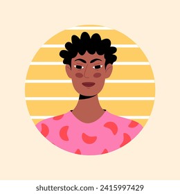 Avatar of young person in the cartoon style. This design effectively combines the vivid orange background with the teenager's avatar, resulting in youthful representation. Vector illustration.