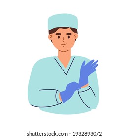 Avatar of young smiling doctor putting on gloves. Portrait of friendly surgeon in medical scrubs and cap. Flat vector illustration of medic worker or practitioner isolated on white background