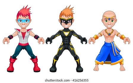 Avatar jovens super-heróis e guerreiros. Caracteres isolados do vetor.
