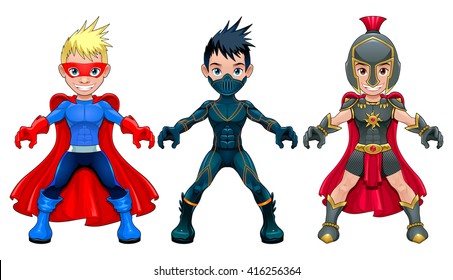 Avatar young superheroes and warriors. Vector isolated characters.
