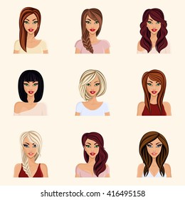 Avatar Young Woman Girl. Set Of Hairstyles For Long Hair Isolated. Face Neck, Eyes, Lips. Vector Illustration