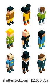 Avatars for 3D games. Isometric low poly people in various clothes. Young poly man and woman minifigure, vector illustration