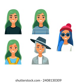 avatars with 5 different characters, all editable, face, vector, people, faces, unique, rare, women, beautiful,