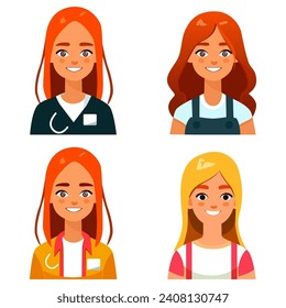 avatars with 5 different characters, all editable, face, vector, people, faces, unique, rare, women, beautiful, redheads, blondes, smiling, colorful clothes,