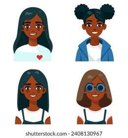 avatars with 5 different characters, all editable, face, vector, people, faces, unique, rare, women, beautiful, brunettes, curly hair, smiling straight hair, colorful clothes,