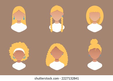 Avatares de rubias con diferentes peinados. Chica con diferentes cabellos. Retrato. Ilustración aislada en estilo de dibujos animados modernos para el diseño gráfico y el paquete de animación