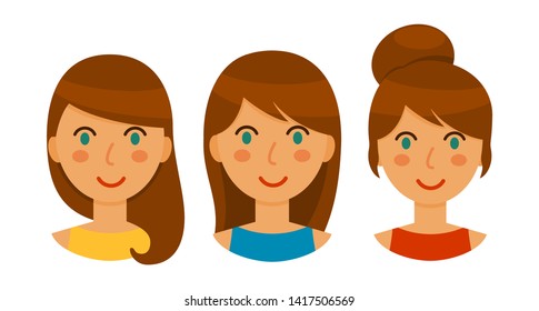 Avatars of brunette women with different hairstyles set