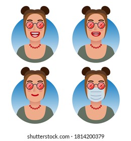 Avatars for business and social media accounts set. Woman with red lenses glasses. Various emotions: smile, joy, laughter, attentive service, concern. Medical mask, COVID-19 pandemic protection.