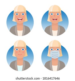 Avatars for business and social media accounts set. Blue-eyed blonde in a business suit. Various emotions: smile, joy, laughter, attentive service. Medical mask, protection against COVID-19 pandemic.