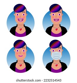 Avatars for business and social media accounts set. Stylish girl with multi-colored rainbow hair in leather jacket. Various emotions. Medical mask, protection against COVID-19 pandemic.