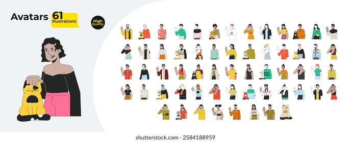 Avatars cartoon flat illustrations mega bundle. Happy young diverse people with animals 2D images isolated on white. Friendly adults lifestyle demonstration collection vector drawings colorful