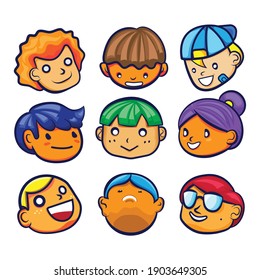 Avatare Charaktere, süßes Kind Gesicht mit emotionalen. Satz von Freien Symbol Vektorgrafik.