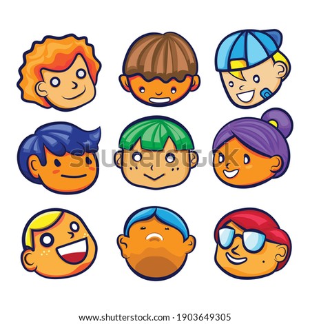 avatars characters, cute kid face with emotional. set of freind icon vector illustration.