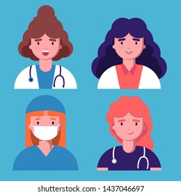 Avatars characters doctor and nurses set. Medical staff icons of faces on a blue background. Therapist, surgeon, nurse, gynecologist in uniform. Online healthcare. Flat vector illustration