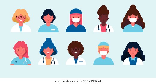 Avatars characters doctor and nurses set. Medical staff icons of faces on a blue background. Therapist, surgeon, nurse, gynecologist in uniform. Online healthcare. Flat vector illustration