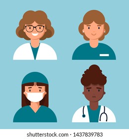 Avatars characters doctor and nurses set. Medical staff icons of faces on a blue background. Therapist, surgeon, nurse, gynecologist in uniform. Online healthcare. Flat vector illustration