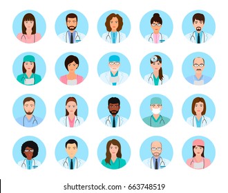 Avatars characters doctors and nurses set. Medical people icons of faces on a blue background. Flat style vector illustration.