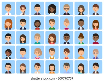 Avatars characters of flat design people. Icons faces female, male. Cartoon men and women isolated on blue background. Vector illustration.