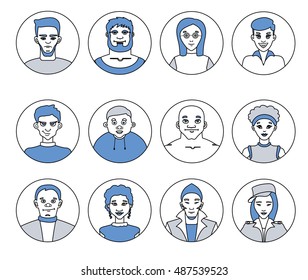 Avatars, characters people, men and women of different professions, flat vector line icons