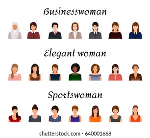 Avatars characters set of different kind women. Business, elegant and sports female icons faces on a white background. Flat style vector illustration.