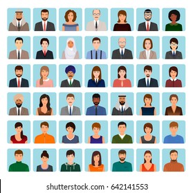 Avatars characters set of different nationality people. Business, elegant and sports icons of faces to your profile. Flat style vector illustration.