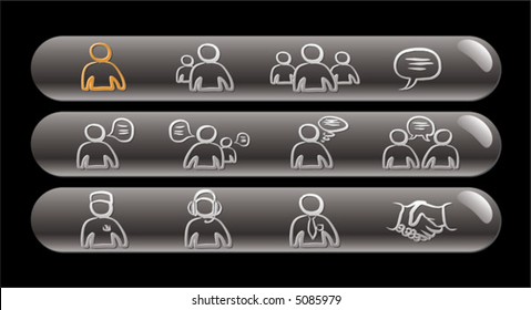 Avatars and Chat 1 silver glossy bars icons set on black background