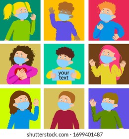 Avatars of children in medical masks.  set of characters.  vector in flat style.  disease protection and prevention.  square format.