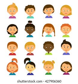 Avatars. Children.Girls and boys of different appearance and nationality.Cartoon characters. Style flat