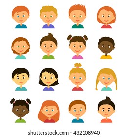 Avatars. Children.Girls and boys of different appearance and nationality.Cartoon characters. Style flat