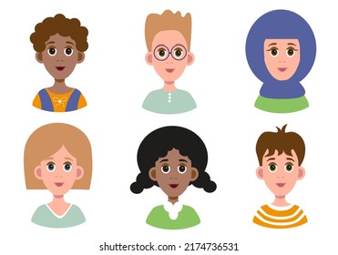 Colección de avatares de niños lindos. Ilustración vectorial de retratos infantiles de diferentes nacionalidades.