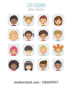 Avatars collection of cute children. Vector illustration of different nationalities children's portraits, arranged in square shape.